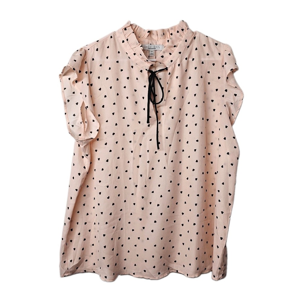 Sweet Rain Pink Heart Print Ruffle‎ Cap Sleeve Blouse Top Keyhole Neck 2XL EUC